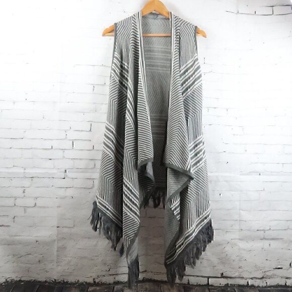 SAX GREY & WHITE STRIPE SLEEVELESS ASYMETRICAL CARDIGAN DUSTER STYLE SWEATER - Picture 1 of 10